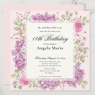 18th Birthday Invitation Elegant Pink Flowers