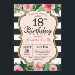 18th Birthday Invitation. Floral Pink Gold Black Invitation<br><div class="desc">18th Birthday Invitation for Women. Black and Gold Birthday Party Invite. Gold Glitter. Pink Watercolor Floral Flower. Black and White Stripes. Printable Digital. For further customisation,  please click the "Customise it" button and use our design tool to modify this template.</div>