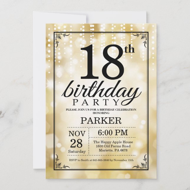 18th Birthday Invitation Gold Glitter (Front)