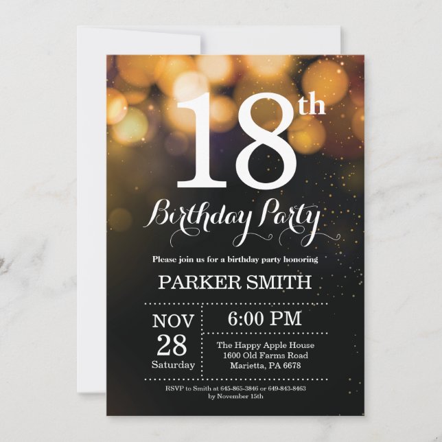 18th Birthday Invitation Gold Glitter (Front)