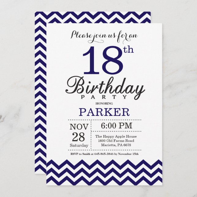 18th Birthday Invitation Navy Blue Chevron (Front/Back)