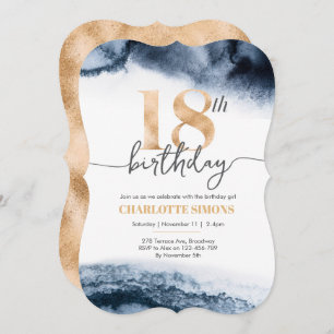 18th Birthday invitation Navy watercolor and gold