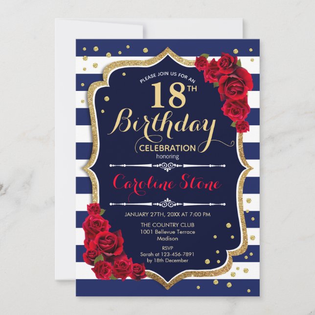 18th Birthday Invitation Navy White Stripes Roses (Front)