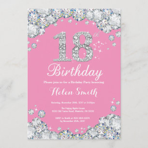 18th Birthday Invitation Pink and Silver Diamond