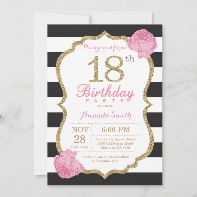 18th Birthday Invitation Pink Black Gold Floral (Front)