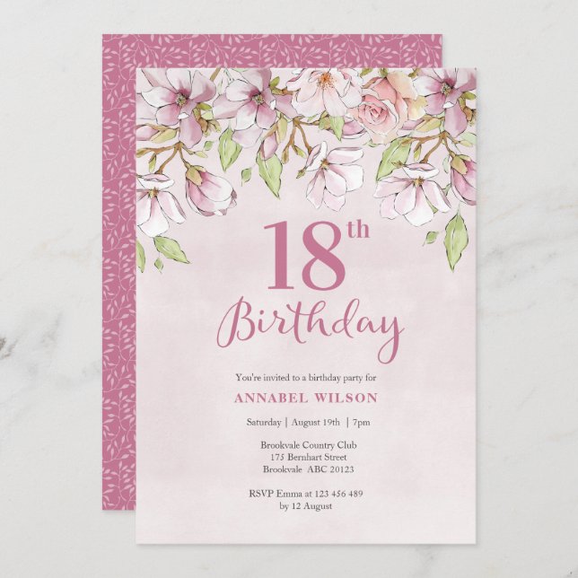18th Birthday Invitation Pink Floral (Front/Back)
