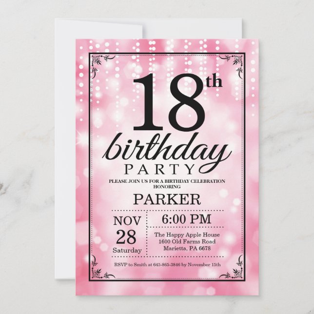 18th Birthday Invitation Pink Glitter (Front)