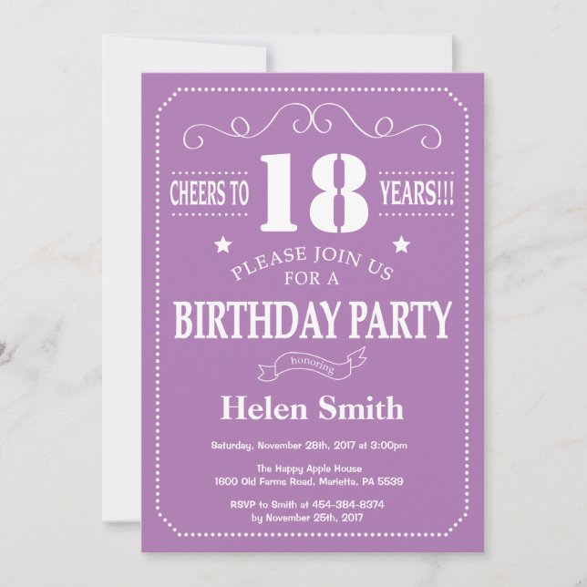 18th Birthday Invitation Purple and White (Front)