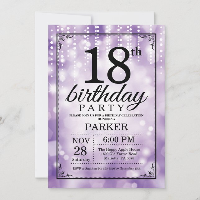 18th Birthday Invitation Purple Glitter (Front)