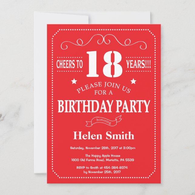 18th Birthday Invitation Red and White (Front)