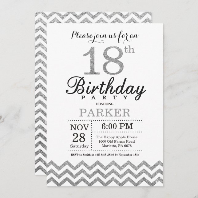 18th Birthday Invitation Silver Glitter (Front/Back)