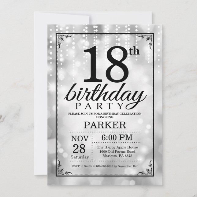 18th Birthday Invitation Silver Glitter (Front)