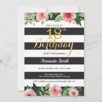 18th Birthday Invitation Women. Floral Gold Black