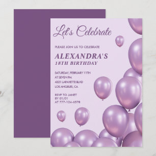 18th birthday invitations Balloons Chic Purple
