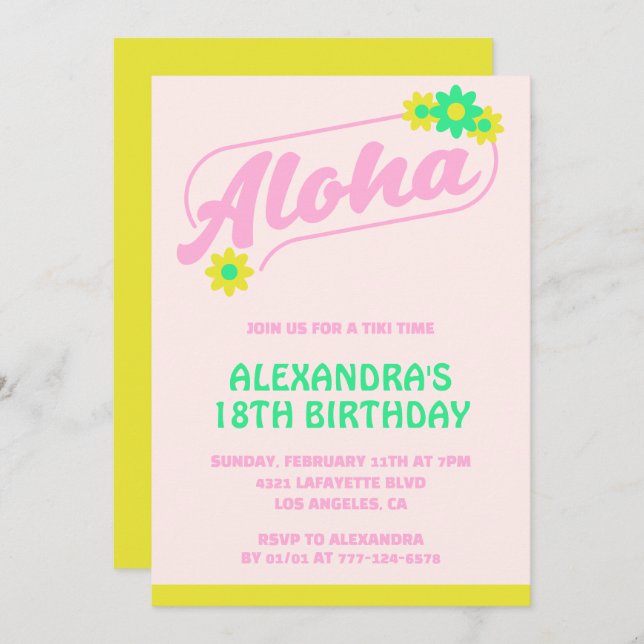 18th birthday invitations Tropical Aloha Pink (Front/Back)