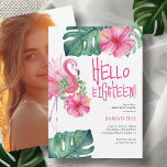 18th Birthday Invitations Tropical Watercolors<br><div class="desc">Celebrate a milestone in style with these printable birthday party invitations — a chic choice for an adult or teen celebration. Designed as 18th birthday invitations, they feature a playful pink flamingo paired with watercolor palm leaves and the hand-lettered phrase “Hello Eighteen.” Perfect for a tropical themed party, these custom...</div>