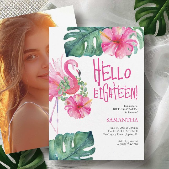 18th Birthday Invitations Tropical Watercolors (18th birthday invitations watercolor pink flamingo and palm leaves Victoria Grigaliunas DoTellABelle)