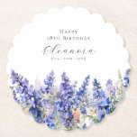18th Birthday July Birth Flower Larkspur Custom Paper Coaster<br><div class="desc">Perfect table decor for a July birthday party. Blue larkspur (delphinium) is the birth flower for that month. It forms a pretty watercolor bottom border on this floral personalised round coaster with scalloped edges. The birthday celebrant's name, age and birthdate are placed above it using elegant calligraphy and typography. All...</div>