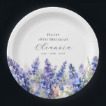 18th Birthday July Birth Flower Larkspur Custom Paper Plate<br><div class="desc">Perfect table decor for a July birthday party. Blue larkspur (delphinium) is the birth flower for that month. It forms a pretty watercolor bottom border on this floral personalised paper plate. The birthday celebrant's name, age and birthdate are placed above it using elegant calligraphy and typography. All text is editable....</div>