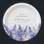 18th Birthday July Birth Flower Larkspur Custom Paper Plate<br><div class="desc">Perfect table decor for a July birthday party. Blue larkspur (delphinium) is the birth flower for that month. It forms a pretty watercolor bottom border on this floral personalised paper plate. The birthday celebrant's name, age and birthdate are placed above it using elegant calligraphy and typography. All text is editable....</div>