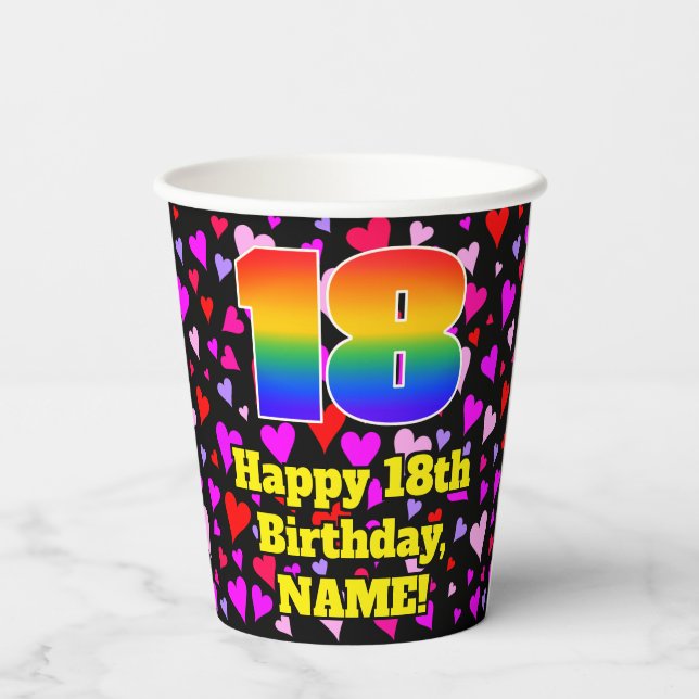18th Birthday: Loving Hearts Pattern, Rainbow 18 Paper Cups (Back)