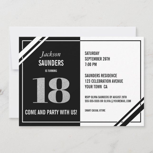 18th Birthday Modern Black and White Party Invitation (Front)