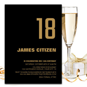 18th Birthday Modern Minimalist Black Gold Party Invitation