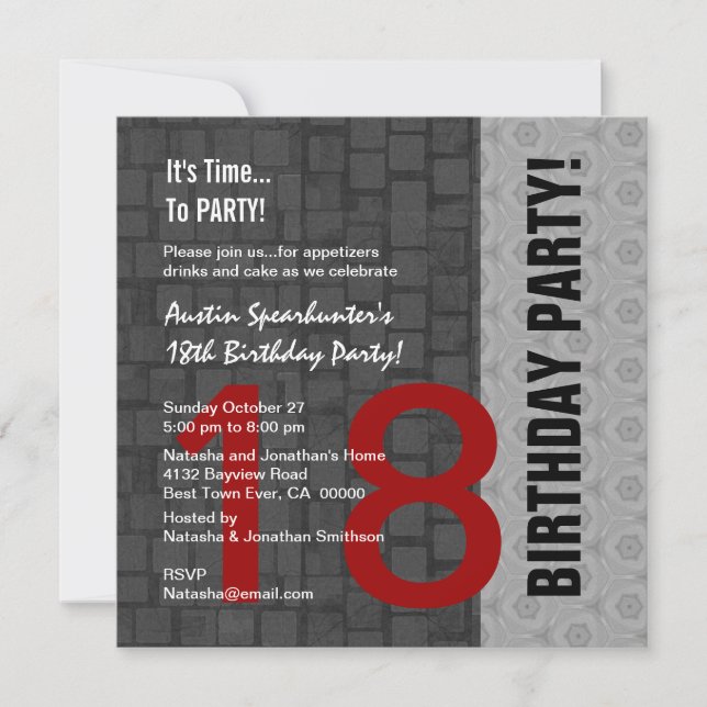 18th Birthday Modern Red Silver Black D417 Invitation (Front)