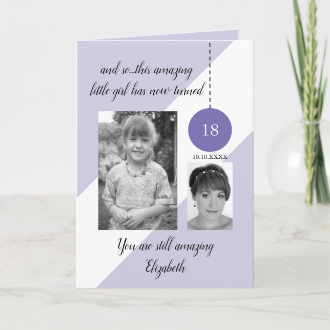 18th Birthday name date purple white photo Card (Front)