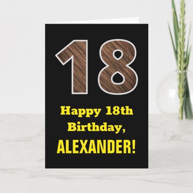 18th Birthday: Name, Faux Wood Grain Pattern "18" Card (Front)