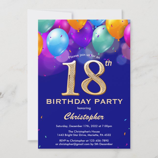 18th Birthday Navy Blue and Gold Colourful Balloon Invitation (Front)