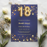 18th birthday navy blue gold stars invitation<br><div class="desc">A modern,  stylish invitation for a 18th birthday.  A navy blue background,  decorated with golden stars. The blue colour is uneven. Personalise and add your name and party details.</div>