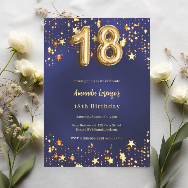 18th birthday navy blue gold stars invitation (Creator Uploaded)