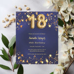 18th birthday navy blue gold stars invitation<br><div class="desc">A modern,  stylish invitation for a 18th birthday.  A navy blue background,  decorated with golden stars. The blue colour is uneven. Personalise and add your name and party details.  

1 sheet = 1 invitation printed edge to edge.</div>