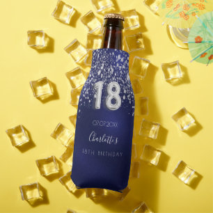 18th birthday navy blue silver glitter name bottle cooler