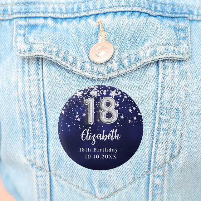 18th birthday navy blue silver stars 3 cm round badge (Creator Uploaded)