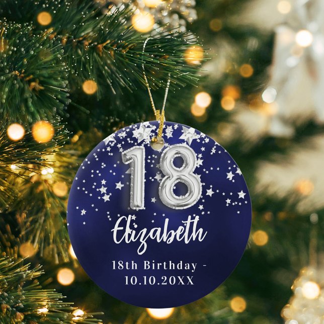 18th birthday navy blue silver stars ceramic tree decoration (Creator Uploaded)