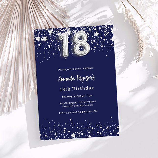 18th birthday navy blue silver stars invitation (Creator Uploaded)