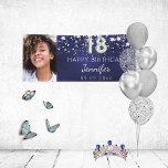 18th birthday navy blue silver stars photo party banner<br><div class="desc">Celebrating a 18th birthday. A dark blue background. The blue colour is uneven. Decorated with faux silver stars. Personalise and add your own photo of the birthday girl. Use a vertical/portrait size photo. Personalise and add a name, and a date. Can be used both as welcome banner or party wall...</div>