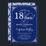 18th Birthday - Navy White Damask Invitation<br><div class="desc">18th Birthday Invitation.
Elegant vintage navy blue and white design with damask pattern. Features script font. Cheers to 18 years! Can be personalized into any age! Message me if you need further customization.</div>