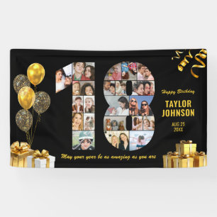 18th Birthday Number 18 Photo Collage Black Gold Banner