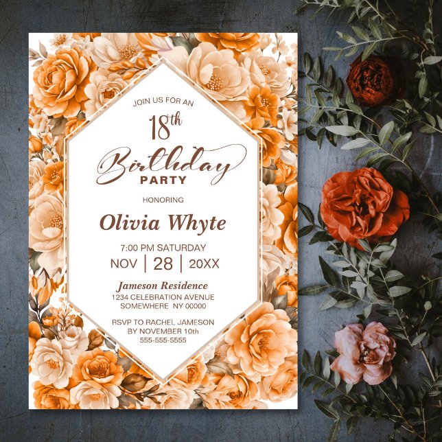 18th Birthday Orange Rose Floral Party Invitation (Creator Uploaded)