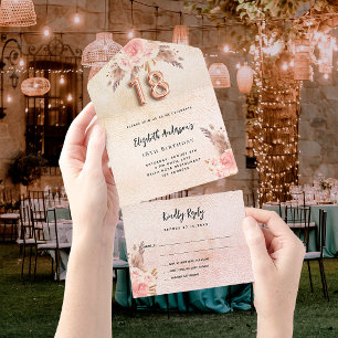 18th birthday pampas grass rose pink florals RSVP All In One Invitation