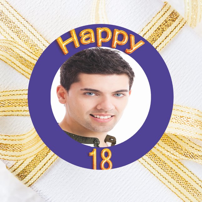 18th birthday party bkue gold photo classic round sticker (Creator Uploaded)