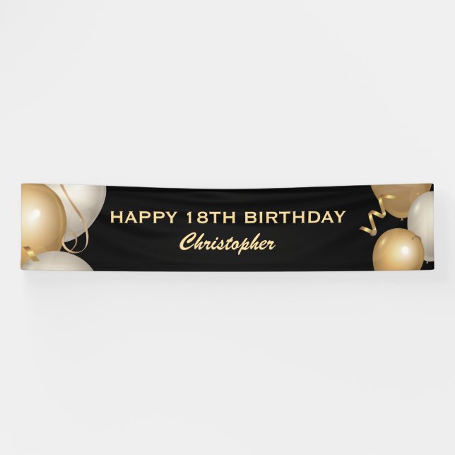 18th Birthday Party Black and Gold Balloons Banner (Horizontal)