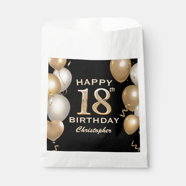 18th Birthday Party Black and Gold Balloons Favour Bags (Front)