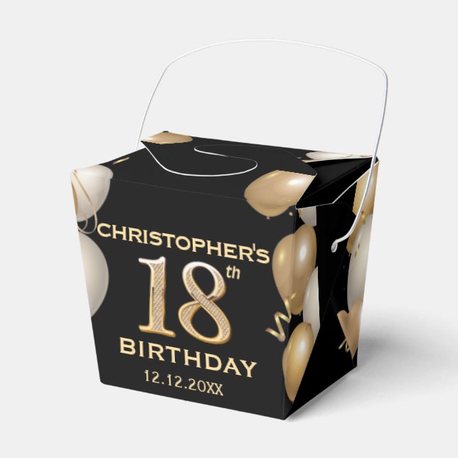 18th Birthday Party Black and Gold Balloons Favour Box (Front Side)