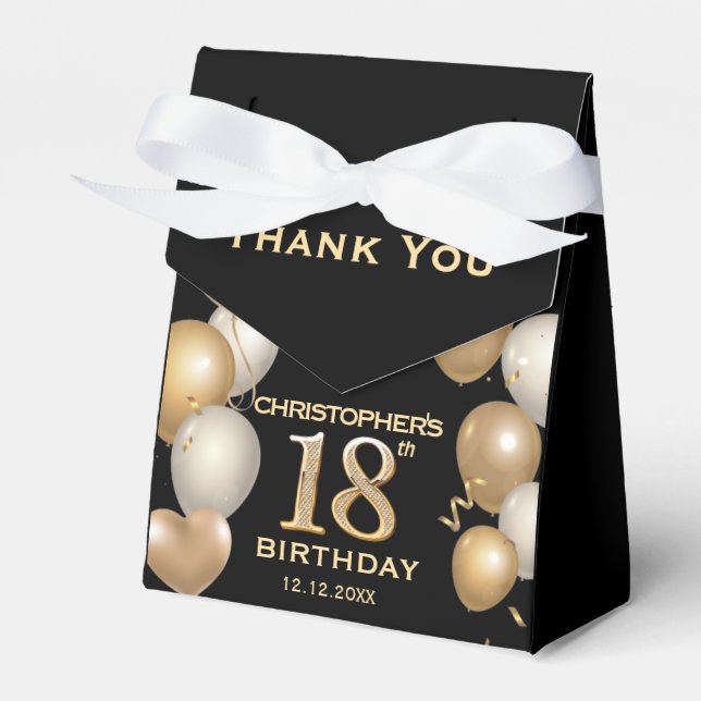 18th Birthday Party Black and Gold Balloons Favour Box (Front Side)
