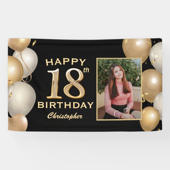 18th Birthday Party Black and Gold Balloons Photo Banner (Horizontal)