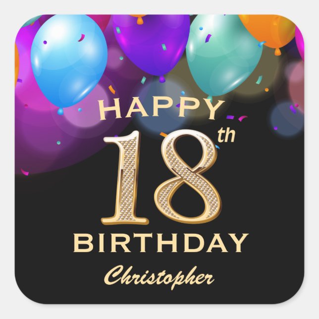 18th Birthday Party Black and Gold Balloons Square Sticker (Front)